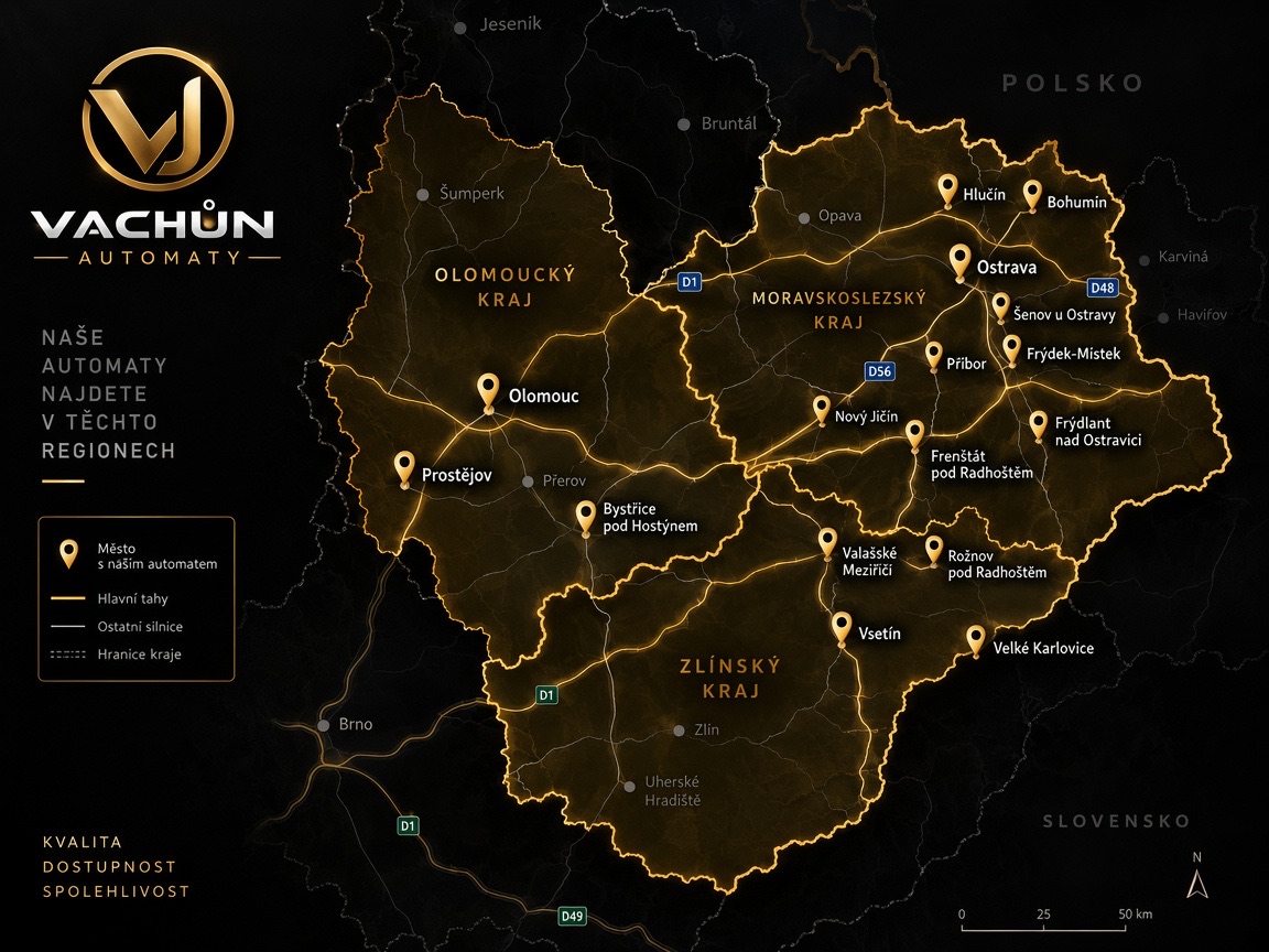 Mapa působnosti s vyznačenými místy, kde stojí automaty Vachůn Automaty — Olomoucký, Zlínský a Moravskoslezský kraj